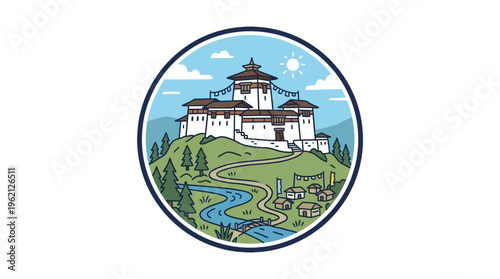 Scenic Dzong and Landscape in Bhutan Circle