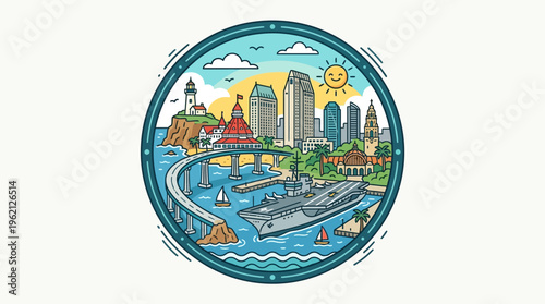 San Diego Cityscape in Circular Frame with Skyline