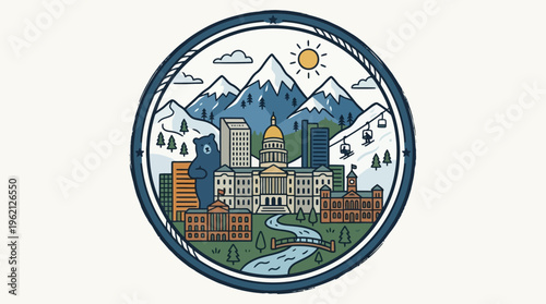 Colorado Cityscape Badge with Mountains and Bear