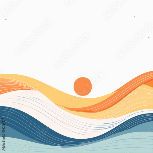 Abstract wavy landscape with sun and birds japanese pattern