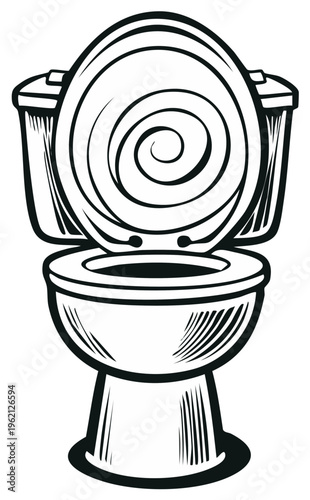 Simple Isolated Toilet Bowl Illustration Open Seat Black and White Plumbing Fixture Water Closet Bathroom Sanitary Appliance Hygiene