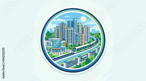 Urban Landscape with Elevated Train in Circle