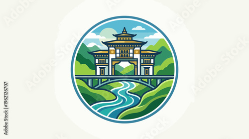 Bhutanese Temple and Bridge in a Circular Emblem