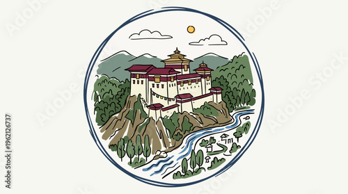 Graphic Illustration of Fortress in Bhutan Landscape