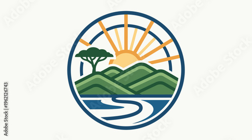 Rustic Scenic Landscape Logo with Mountains And Sunrise