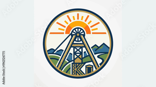 Vintage Coal Mine Logo with Mountains and Sun