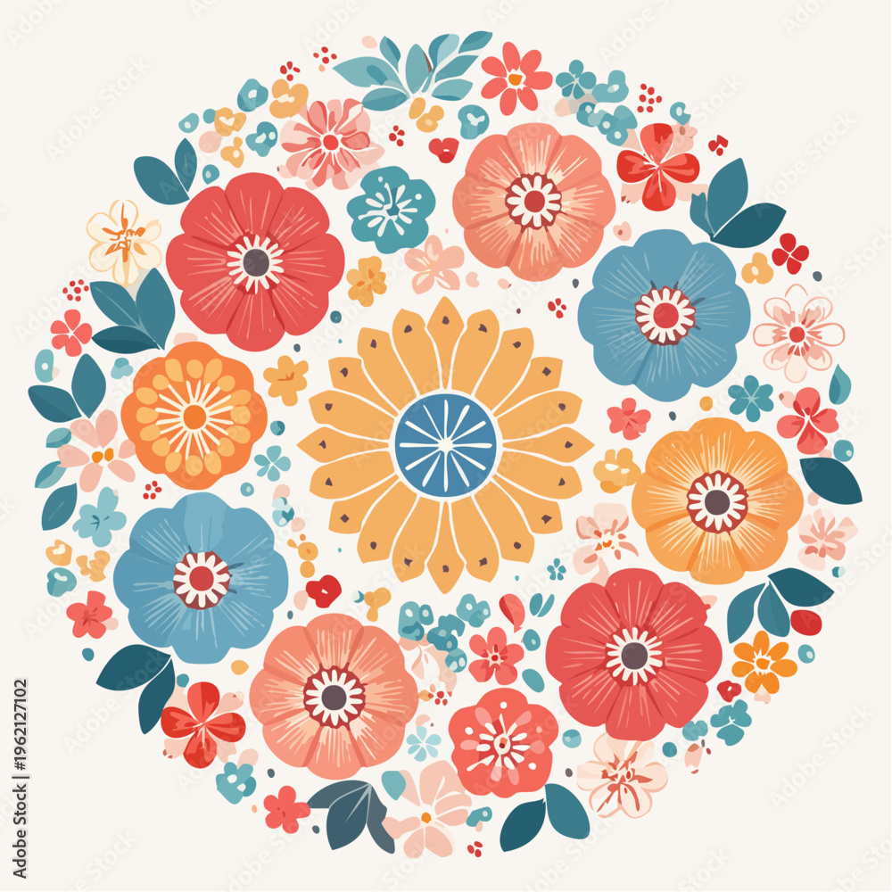 Fototapeta premium Abundant colorful floral arrangement mandala illustration japanese pattern