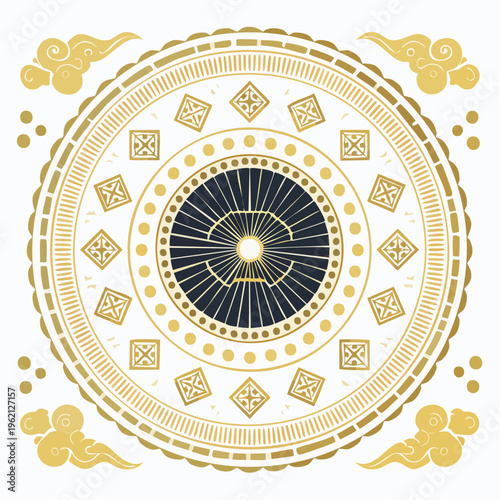 Golden circular emblem with clouds and square motifs japanese pattern