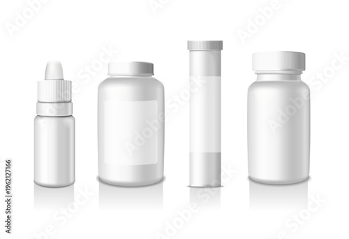 Realistic clear glass bottle for beauty, cosmetic or medicinal product. 3D. Vector illustration White Packing design template. 