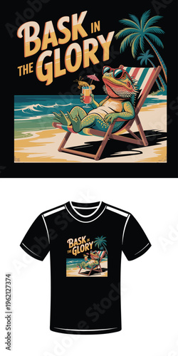 Bearded dragon relaxing in a beach chair with cocktail and sunglasses vacation relaxation