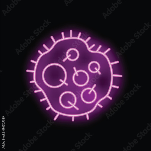 Neon style icon of a virus with question marks, representing ongoing scientific research and the pursuit of answers in virology