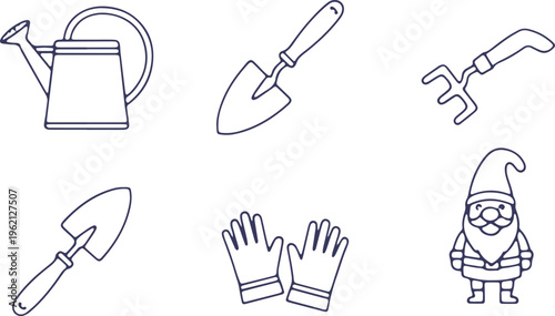Assorted gardening and holiday-themed icons featuring a gnome and tools