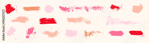 Lipstick vector makeup smudge strokes. Nude and pink paint texture set. Female fashion brushstroke scribbles. Messy dirty swatch stains, girl lipstick squiggle marks. Lady make-up swatch collection