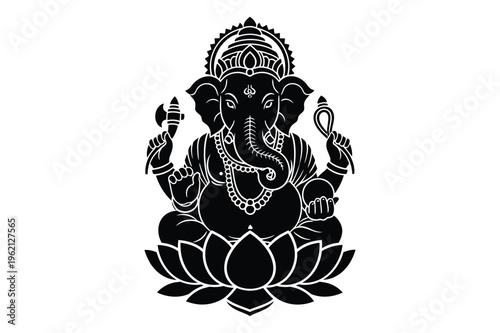 Ganesha sitting on lotus flower black silhouette vector art
