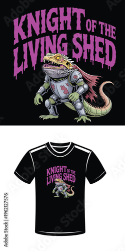 Bearded dragon knight in armor with cape on black background sword