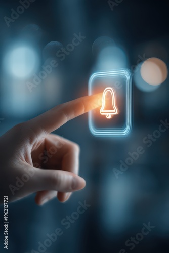 Glowing notification bell pressed by a hand