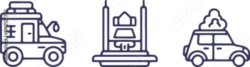 Icons representing a tow truck, a mosque with minaret, and a vintage car with luggage