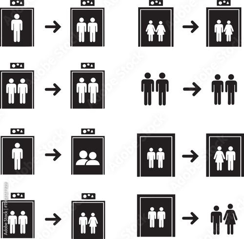 Collection of elevator showing people entering and exiting woman couple