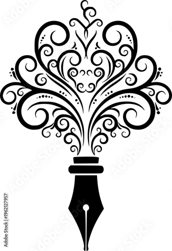 Artistic black silhouette of a fountain pen nib with elegant decorative swirls and floral ornaments, minimalist vector illustration for creative writing and calligraphy isolated on white.