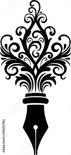 Artistic black silhouette of a fountain pen nib with elegant decorative swirls and floral ornaments, minimalist vector illustration for creative writing and calligraphy isolated on white.