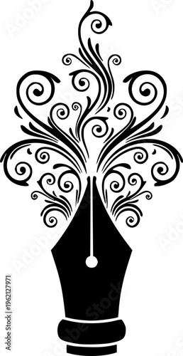 Artistic black silhouette of a fountain pen nib with elegant decorative swirls and floral ornaments, minimalist vector illustration for creative writing and calligraphy isolated on white.