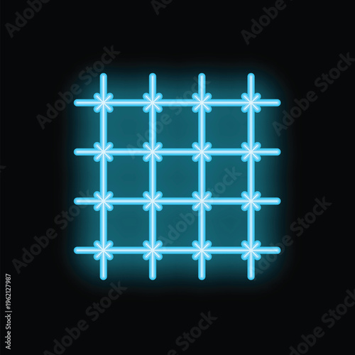Bright neon blue prison bars are glowing on a dark wall, symbolizing captivity and confinement