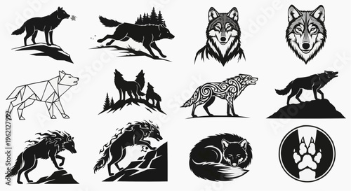Black and white wolf silhouettes and illustrations