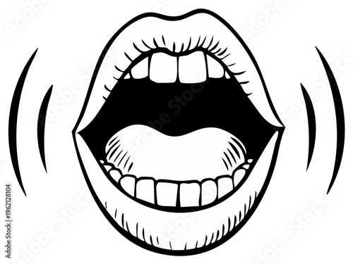 Illustration of an open mouth shouting with sound waves emanating outwards.