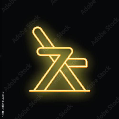 Glowing yellow neon sign depicting a deckchair, isolated on a black background