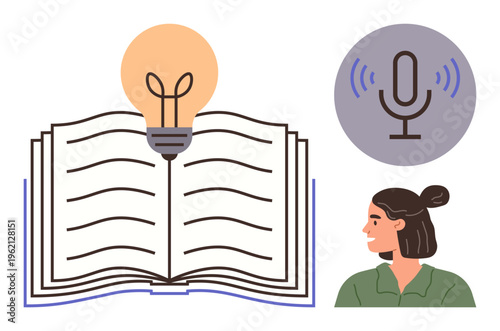 Education, learning, creativity, podcasting, innovation, knowledge sharing. Open book with a light bulb, microphone icon and woman facing forward. Education and learning concepts