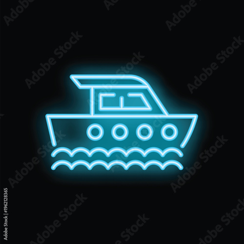 Blue neon sign of a ferry boat sailing the ocean waves at night
