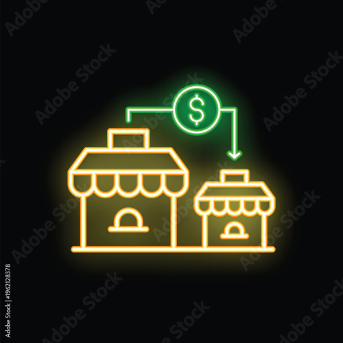 Neon sign illustrating money transferring from a big business to a small business, symbolizing economic concepts