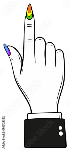 Hand pointing with rainbow-decorated fingernails and suit cuff