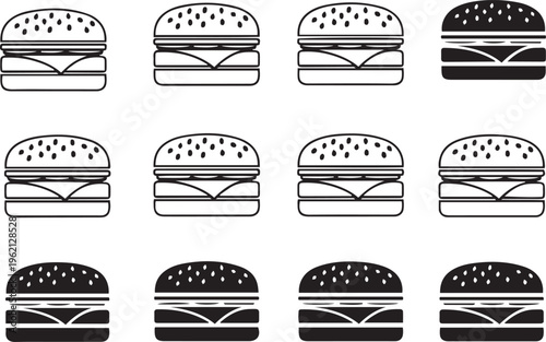 Twelve black and white hamburger arranged in three rows of four food simple