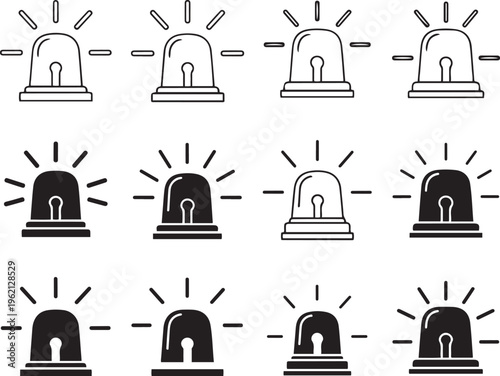Twelve siren in black and white line and silhouette styles alarm alert warning emergency