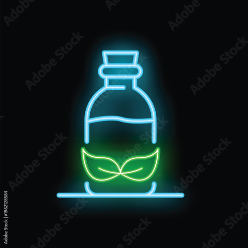 Glowing neon icon of a bottle with green leaves representing organic products, ideal for eco conscious brands