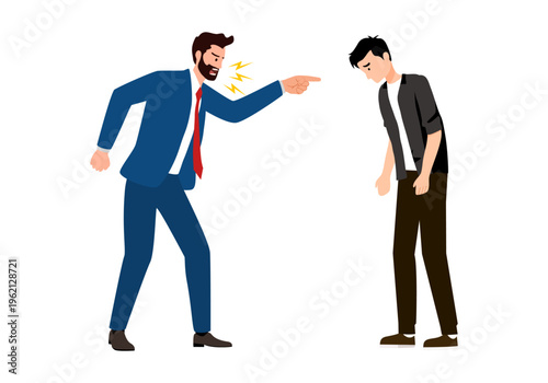Angry boss vehemently pointing and shouting at a dejected employee, symbolizing workplace conflict, harassment, or disciplinary action.