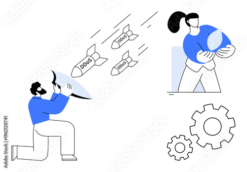 Cybersecurity, DDoS protection, data safety, online threats, network security, digital defense. Two figures shielding against DDoS attacks and safeguarding data. Cybersecurity and DDoS protection