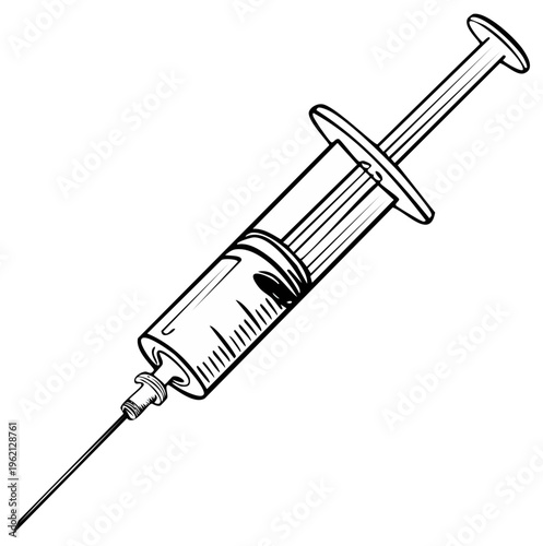 Medical Syringe Illustration Graphic Vector Line Art for Injection or Vaccination Process, Black and White Treatment