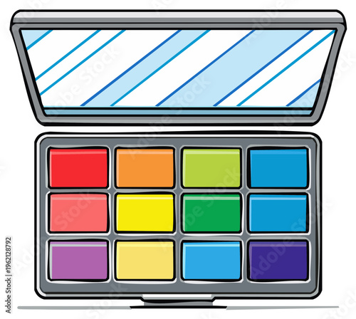 Open colorful makeup eyeshadow palette with twelve vibrant shades and a reflective mirror