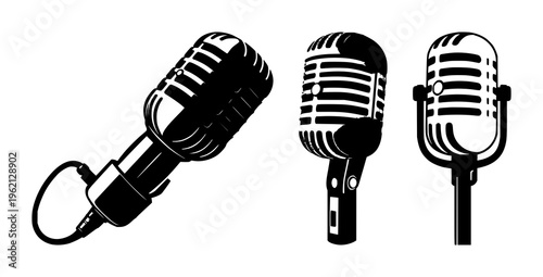 Retro vintage microphone vector set with black silhouette on white background featuring microphone, vintage, silhouette with music and studio