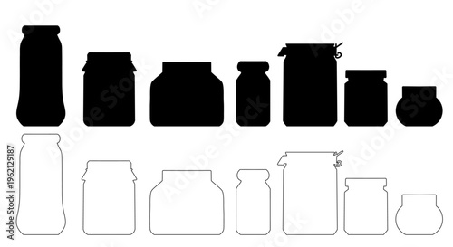 Vector set of various jam jar. Collection of contour and print clip art of glass flask
