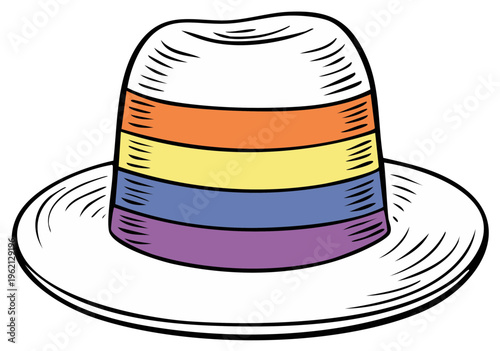 Cartoon drawing of a colorful fedora hat with stripes
