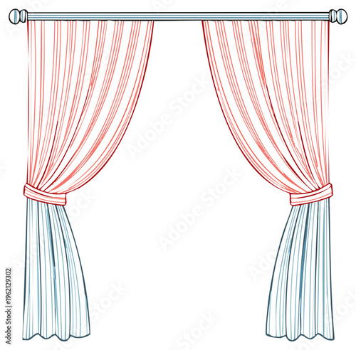 Elegant striped window curtains tied back on a rod line art illustration