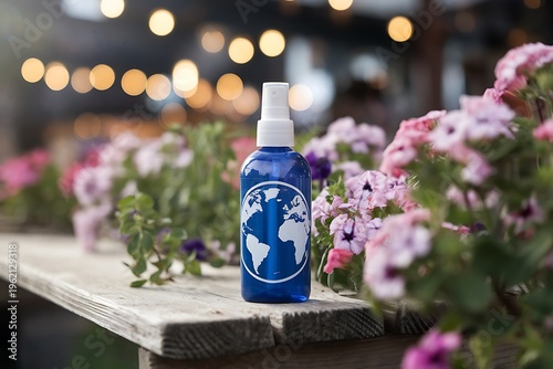 Blue spray bottle mockup with globe icon on stone wall with garden flowers
