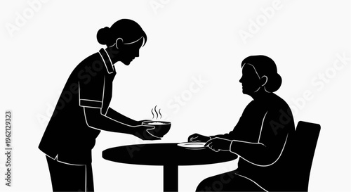Waitress serving a bowl of food to a seated customer