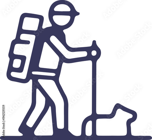 Hiker with backpack and trekking poles navigating a trail with a dog