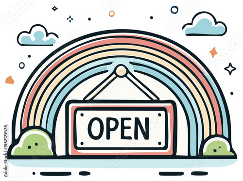 Stylized storefront illustration featuring a rainbow arch over an 'Open' sign promoting small business and welcome messages. Whimsical design elements abound.