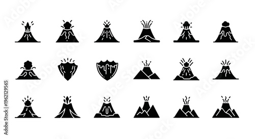 Volcano Icons Set: Erupting Mountains, Lava Flow, and Shield Volcanoes
