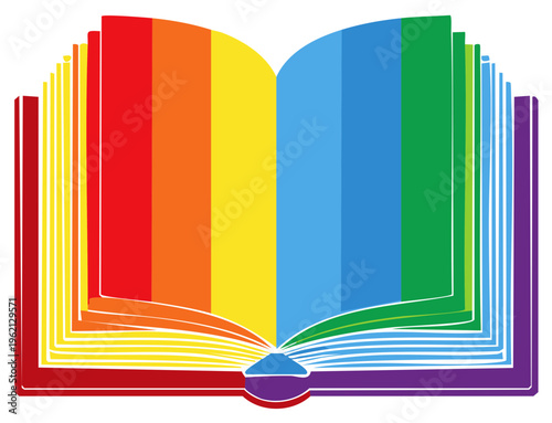 Brightly colored open book featuring rainbow pages promoting learning, inclusion, and LGBTQ+ pride